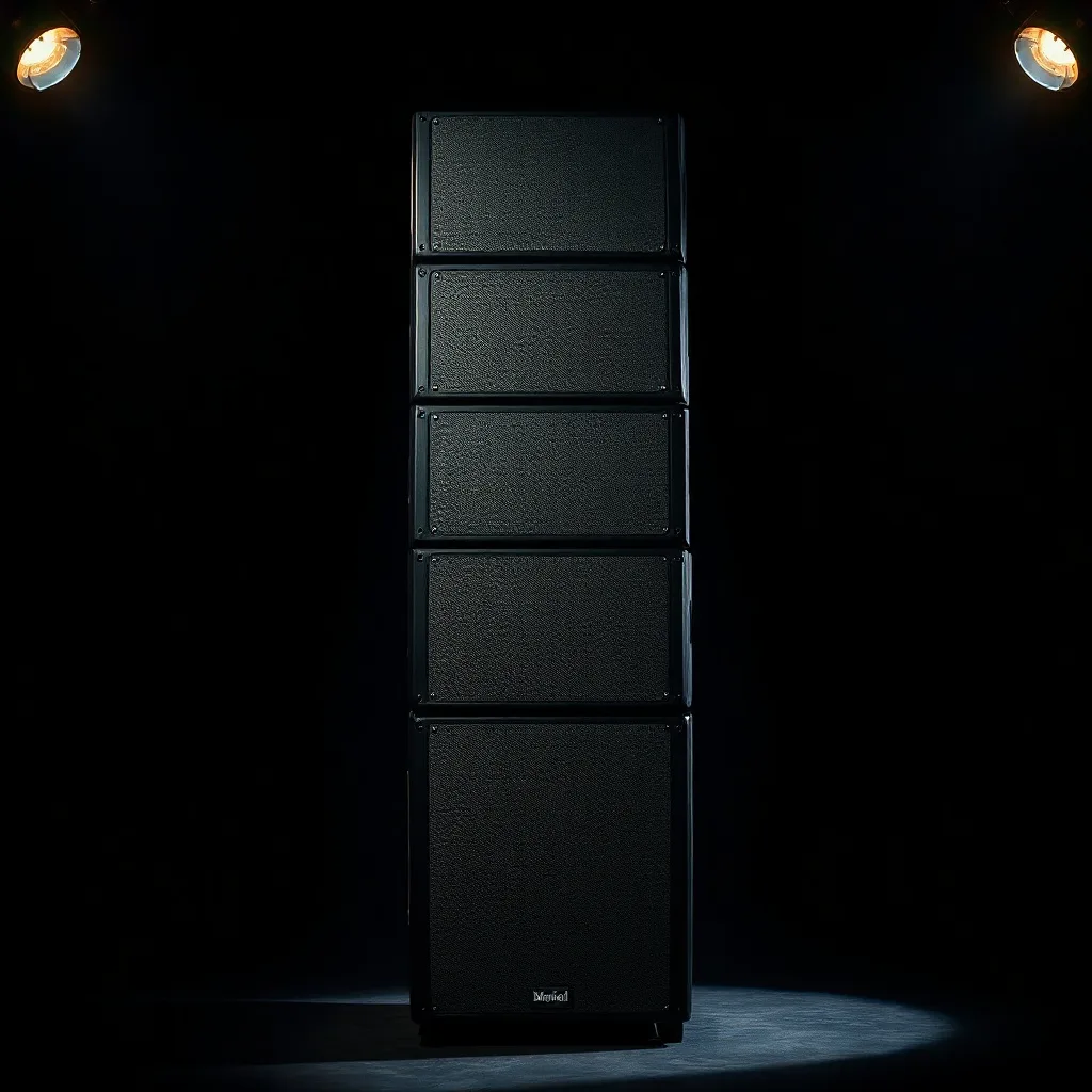 detail of premium line array speaker stacked vertically, dramatic studio lighting on black backgroun