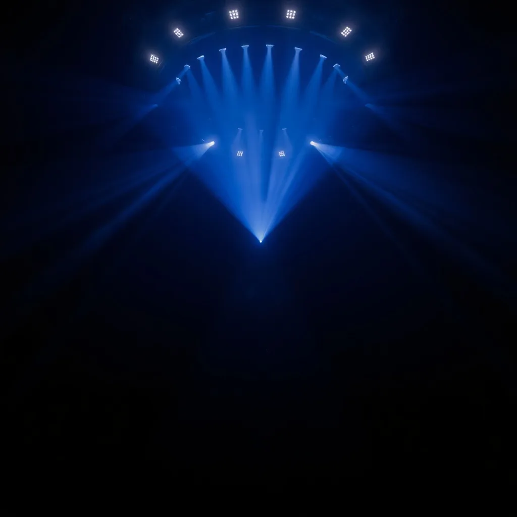 ring of stage spotlights pointing upward into darkness, atmospheric event lighting photography