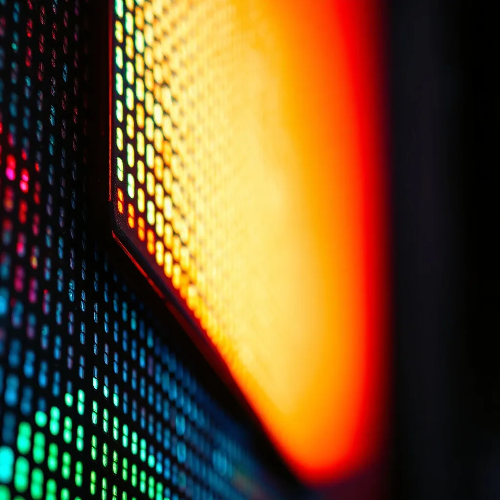 high resolution LED display panel close up showing vibrant color, dark tech product photography