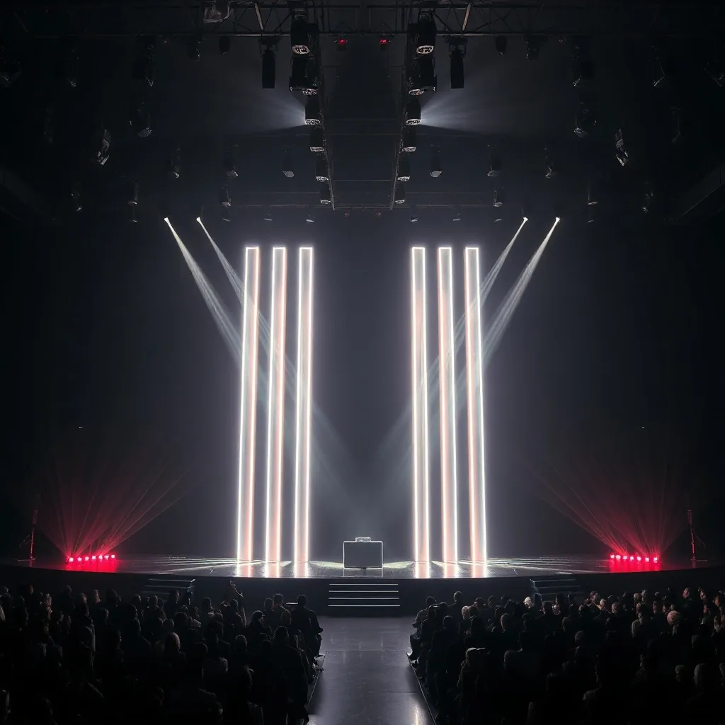 sleek minimalist stage design with massive vertical LED monoliths and laser beams, dark cinematic li