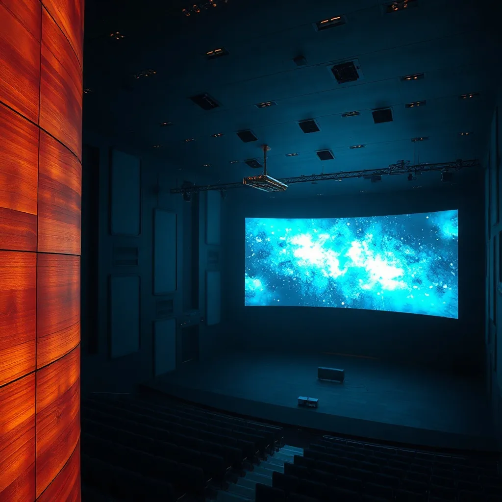 immersive concert hall with sweeping LED video wall and acoustic panels, dark moody interior archite