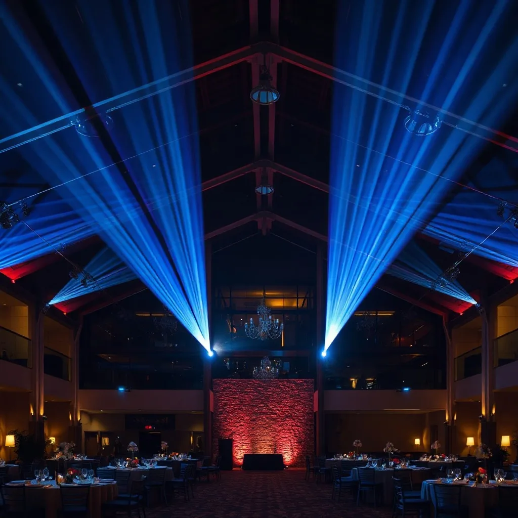 dramatic architectural lighting installation over a modern event space, beams of light in darkness, 
