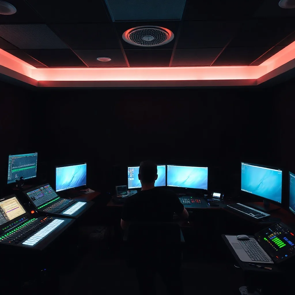 control room with mixing consoles and monitors glowing in the dark, technical operator workspace