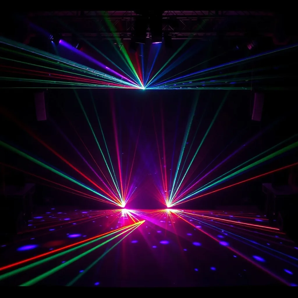 precision laser projection mapping on a geometric stage set, abstract dark visualization